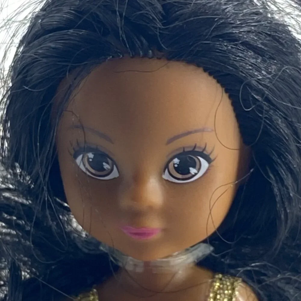 Little Girl Doll Toy Brown Black Yellow Dress Bow Long‎ Curly Hair 4